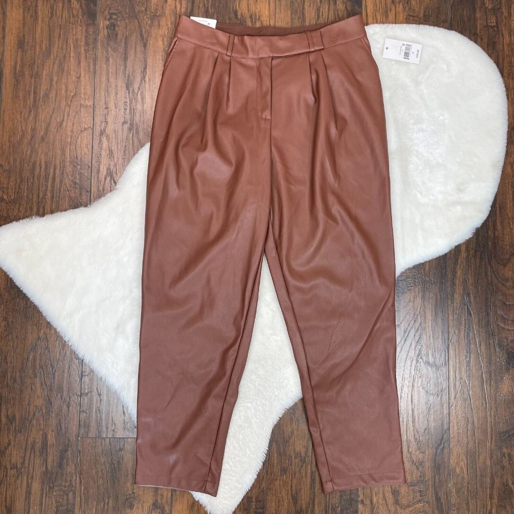 Ophelia Roe Faux Leather Pants 12 Brown Straight Leg High-Rise Pleated NWT